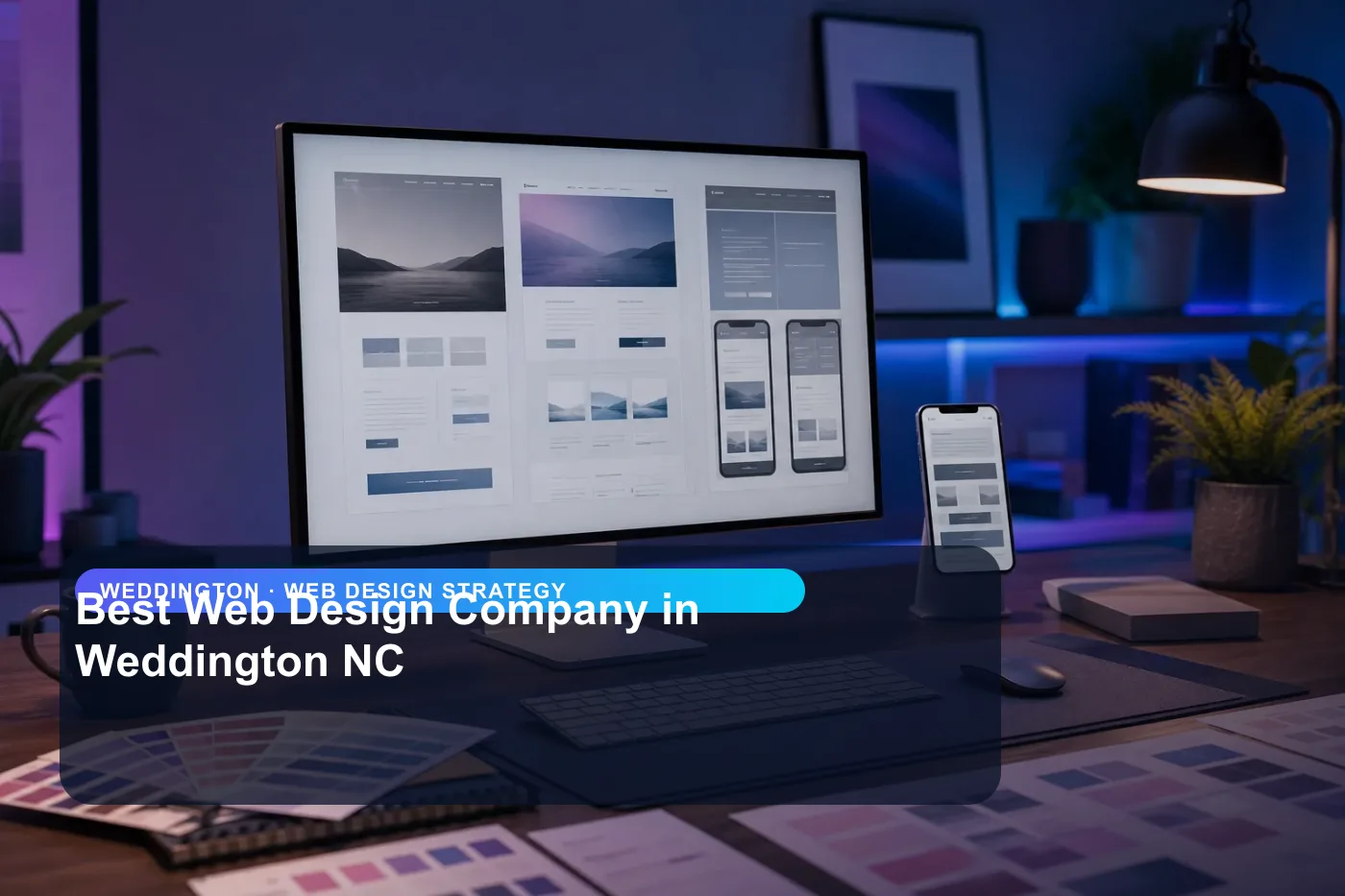 DigitalWiz web design strategy image for small businesses in Weddington, showing a modern analytics and website workspace
