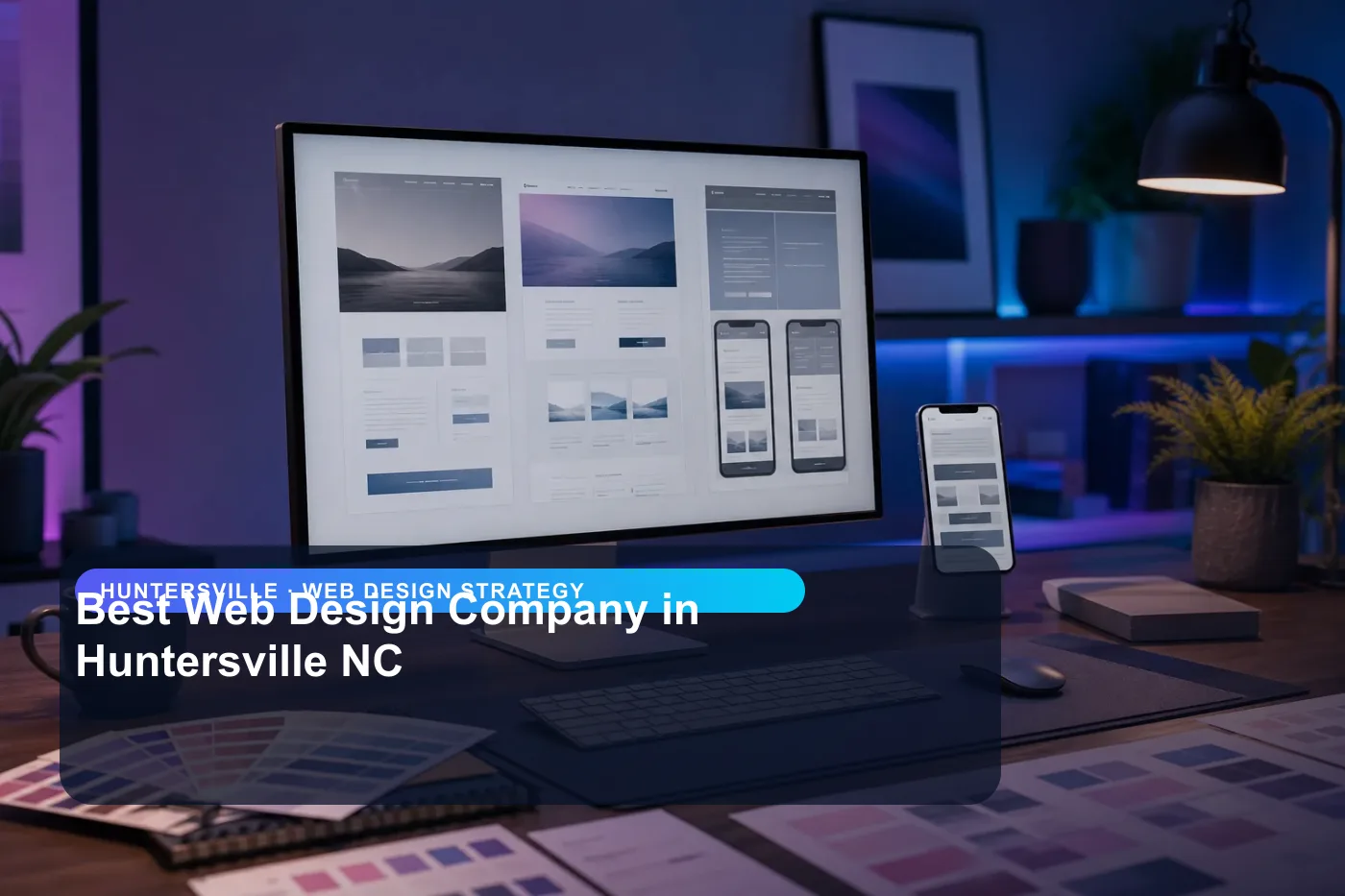 DigitalWiz web design strategy image for small businesses in Huntersville, showing a modern analytics and website workspace