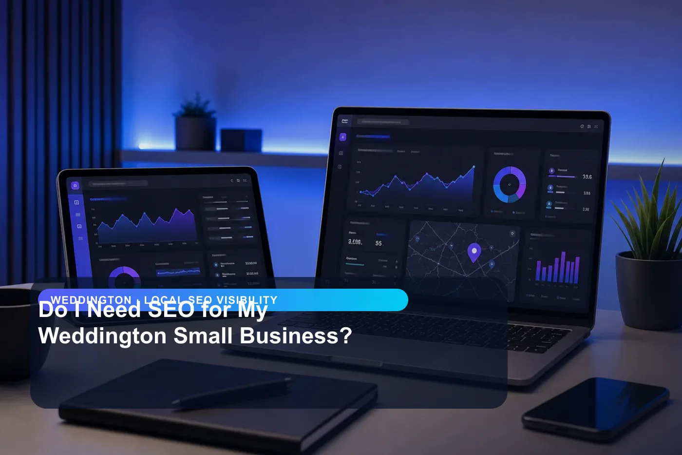 DigitalWiz local seo visibility image for small businesses in Weddington, showing a modern analytics and website workspace