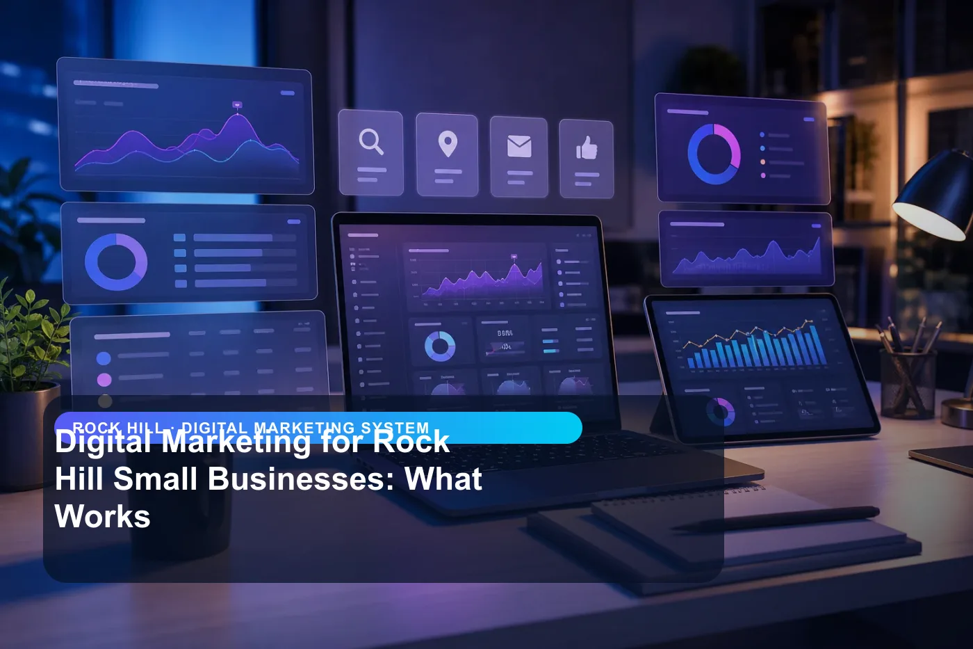 DigitalWiz digital marketing system image for small businesses in Rock Hill, showing a modern analytics and website workspace