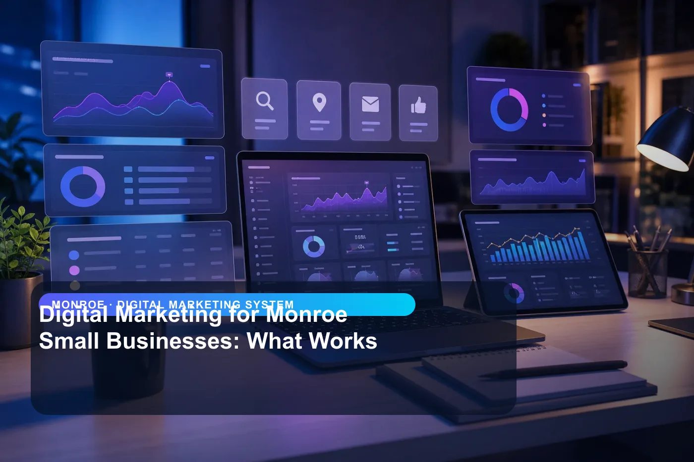 DigitalWiz digital marketing system image for small businesses in Monroe, showing a modern analytics and website workspace