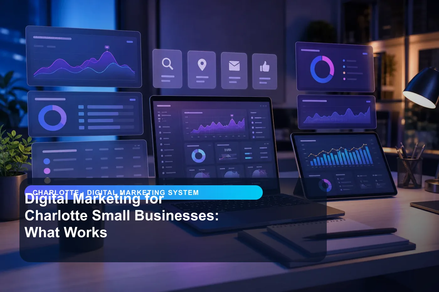 DigitalWiz digital marketing system image for small businesses in Charlotte, showing a modern analytics and website workspace