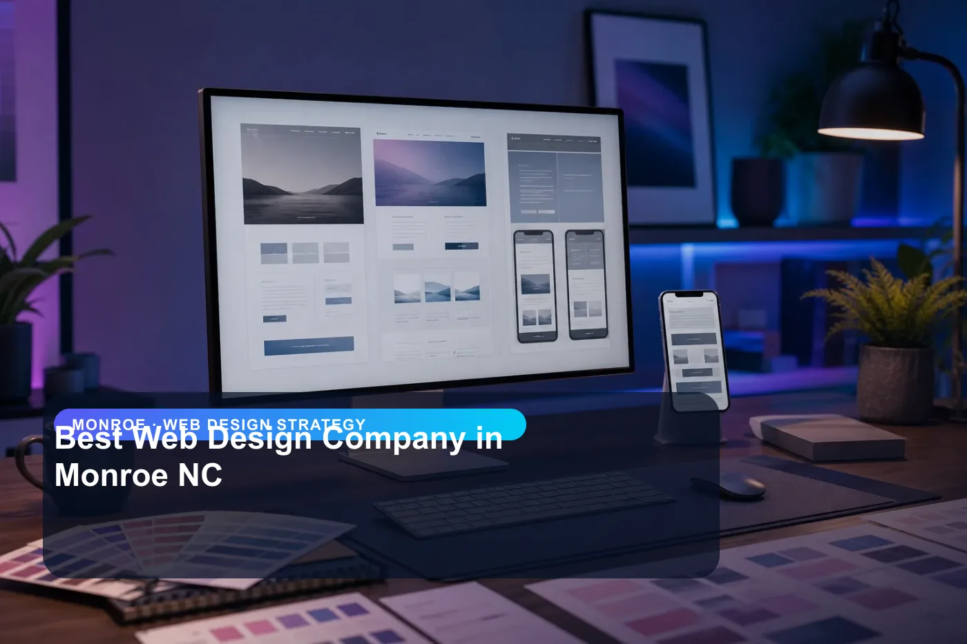 DigitalWiz web design strategy image for small businesses in Monroe, showing a modern analytics and website workspace