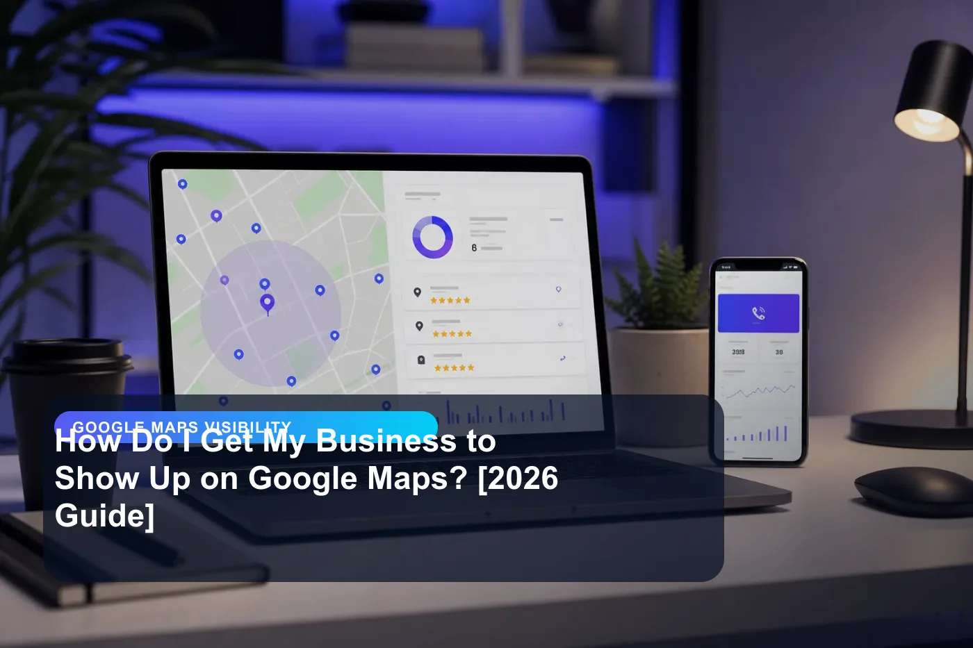 DigitalWiz google maps visibility image for small businesses, showing a modern analytics and website workspace