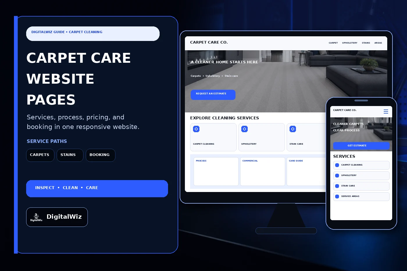 DigitalWiz guide about carpet cleaning company website pages with a dark outlined editorial panel and responsive desktop and phone carpet care website mockups for carpets upholstery stains commercial service areas and estimates