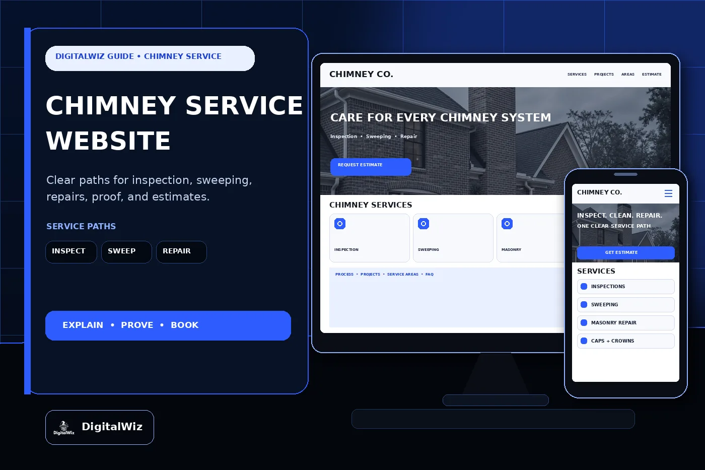 DigitalWiz guide about chimney service company website pages in a premium dark agency studio with desktop and phone chimney website mockups for inspections sweeping masonry repairs caps service areas and estimates