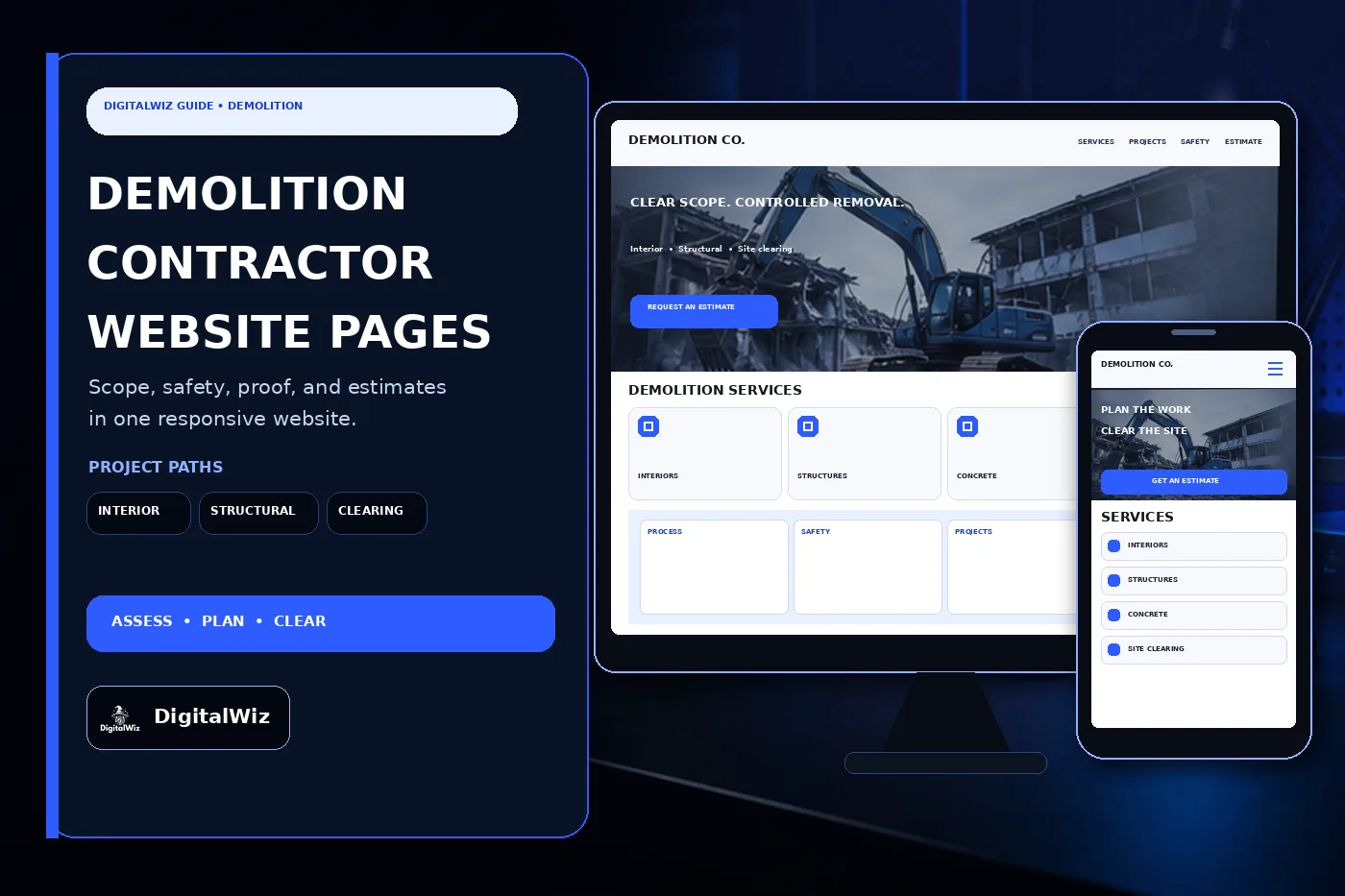 DigitalWiz demolition contractor website guide with a dark outlined editorial panel and responsive desktop and phone mockups showing interior structural concrete site clearing safety project and estimate pages