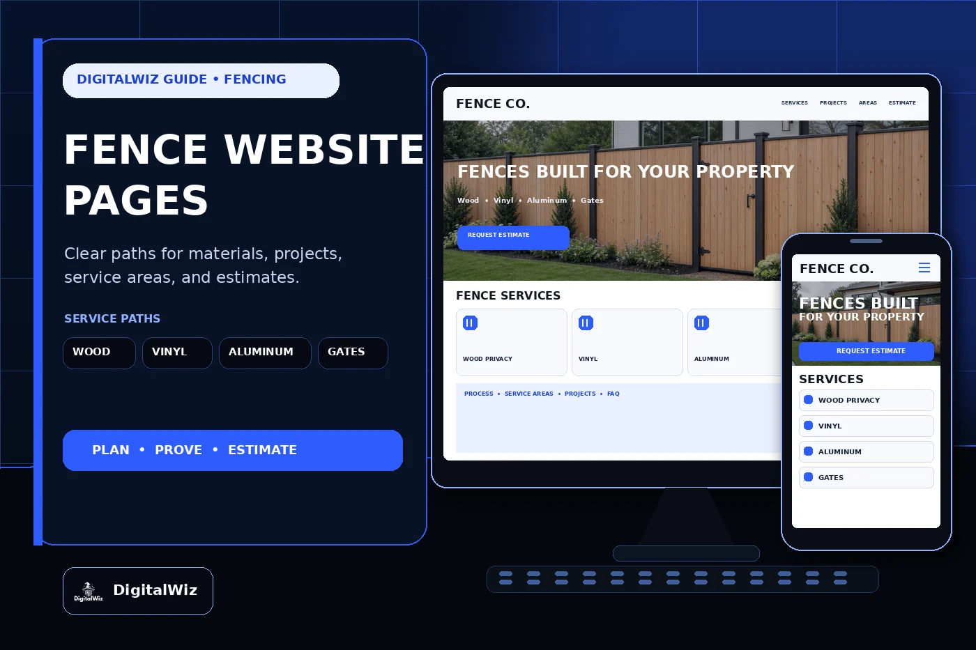 DigitalWiz guide about fence company website pages in a premium dark agency studio with desktop and phone fence website mockups for wood vinyl aluminum gates service areas projects and estimates