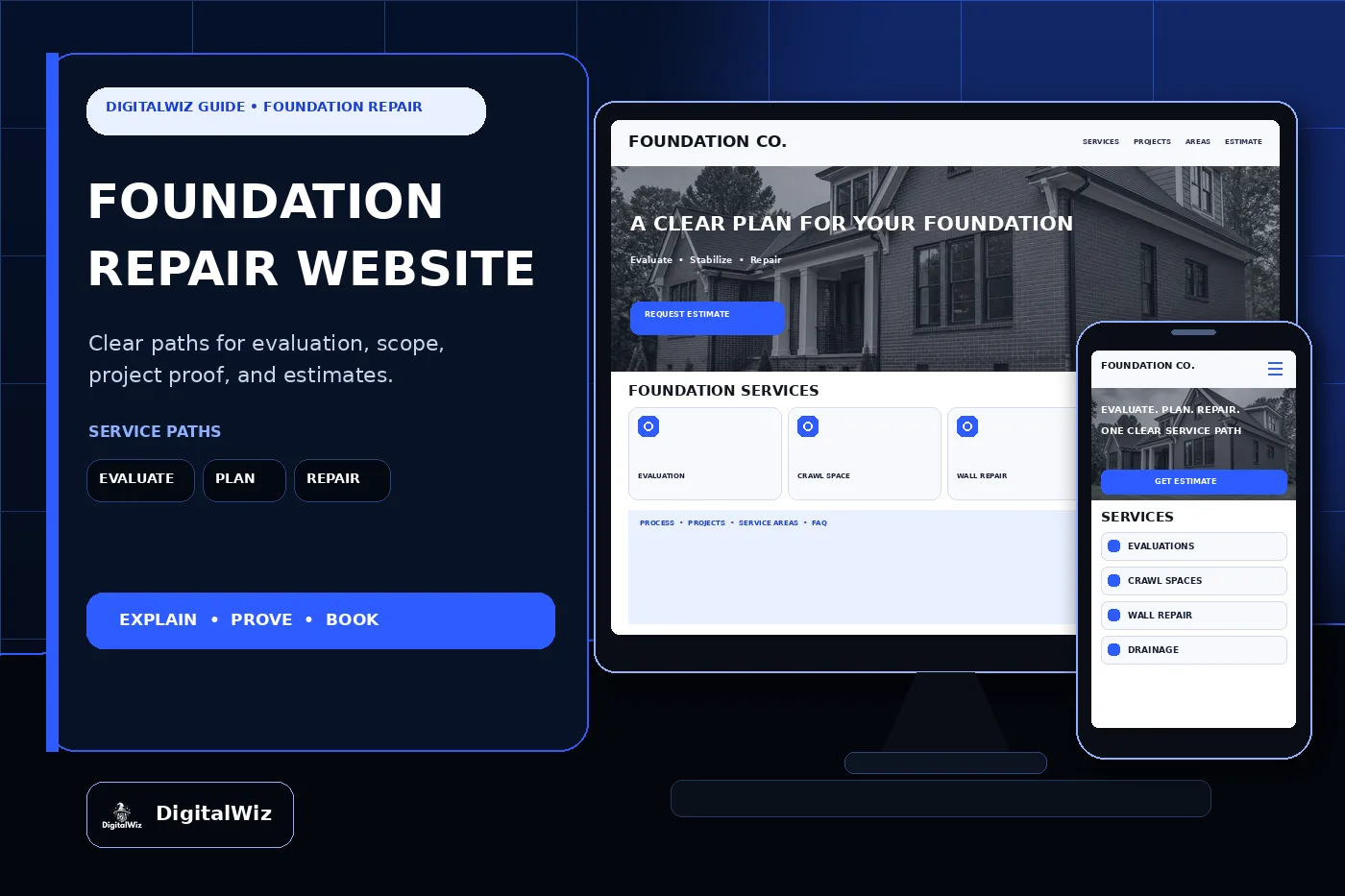 DigitalWiz guide about foundation repair company website pages in a premium dark agency studio with desktop and phone foundation website mockups for evaluations crawl spaces wall repair drainage projects and estimates