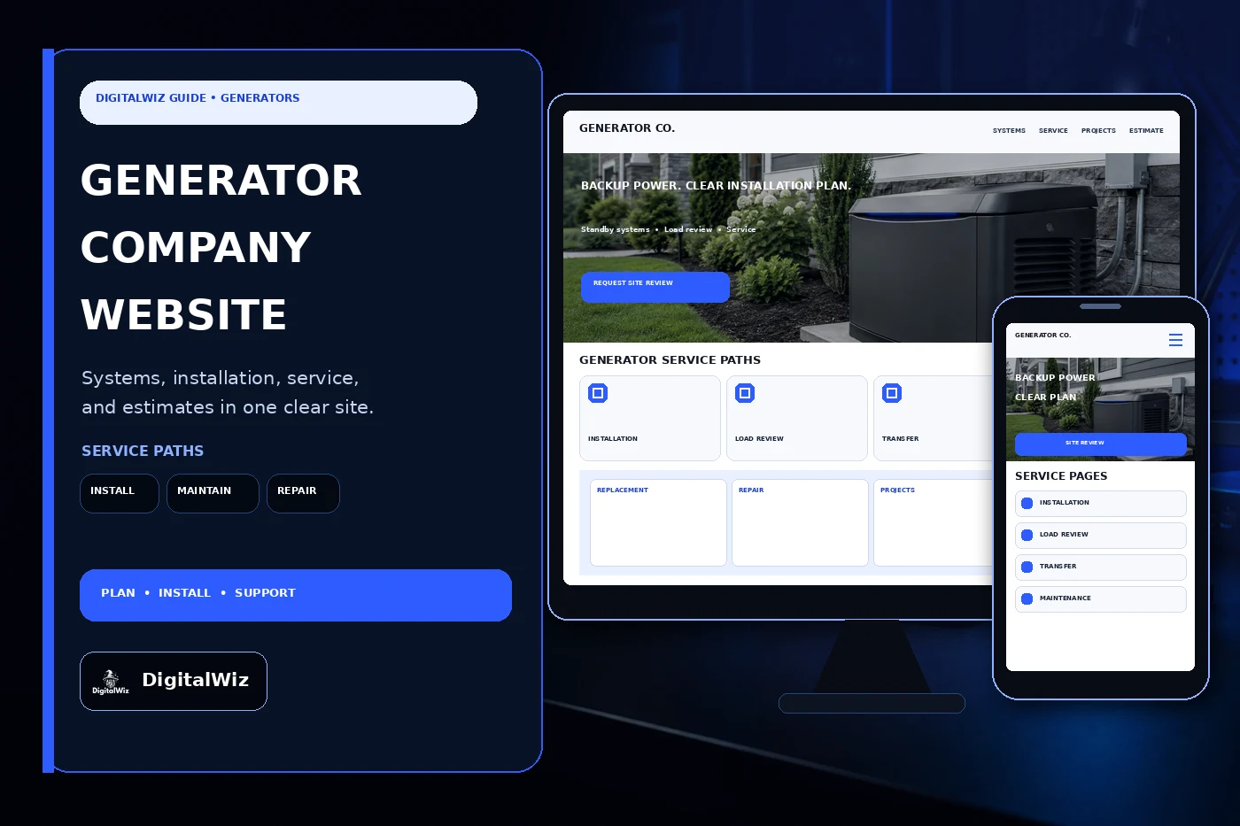 DigitalWiz generator installation company website guide with a dark electric-blue outlined editorial panel and responsive desktop and phone mockups showing standby generator installation load review transfer equipment maintenance projects service areas and estimates