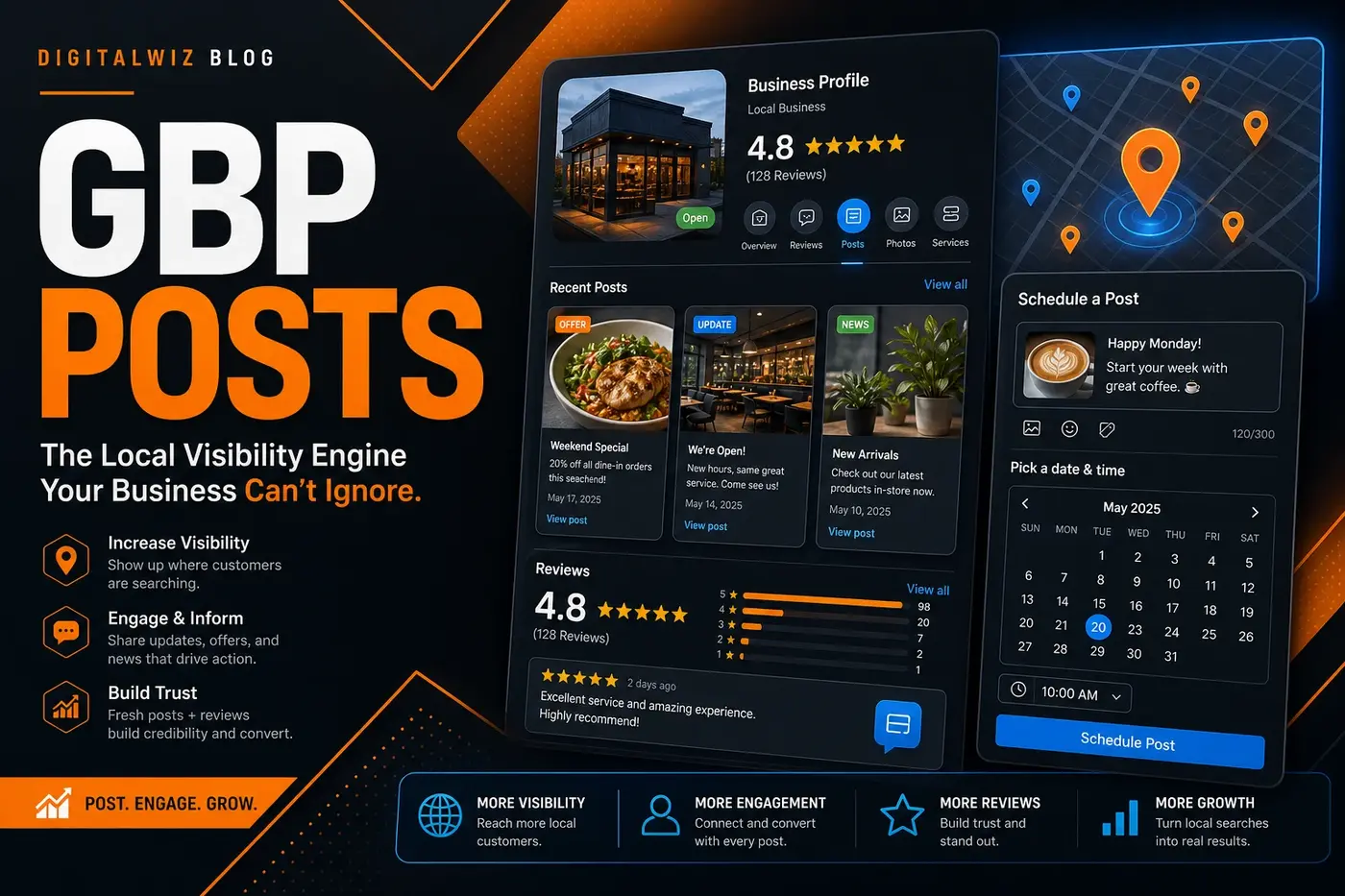 DigitalWiz Google Business Profile posting thumbnail with dark dashboard visuals, orange accents, map pins, reviews, and scheduled post cards