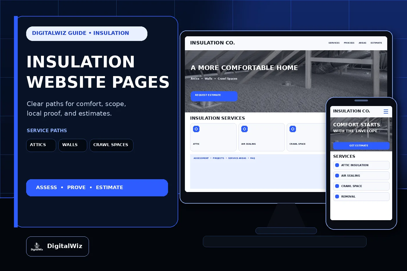 DigitalWiz guide about insulation company website pages in a premium dark agency studio with desktop and phone insulation website mockups for attics walls crawl spaces air sealing removal service areas and estimates