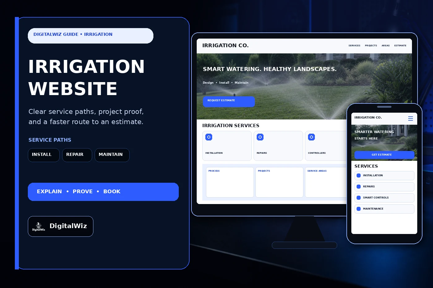DigitalWiz guide about irrigation company website pages with a dark outlined editorial panel and responsive desktop and phone irrigation website mockups for installation repairs smart controllers maintenance projects service areas and estimates