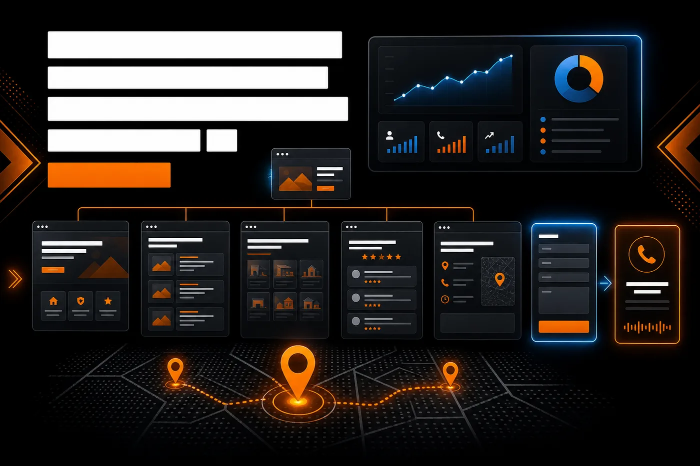 DigitalWiz local service business website pages thumbnail with dark dashboard visuals, orange sitemap cards, cyan analytics, location pins, and lead conversion graphics
