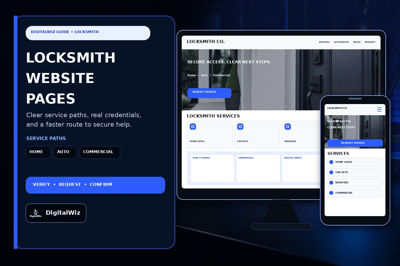 DigitalWiz guide about locksmith company website pages with a dark outlined editorial panel and responsive desktop and phone locksmith website mockups for home locks car keys rekeying commercial service credentials and requests