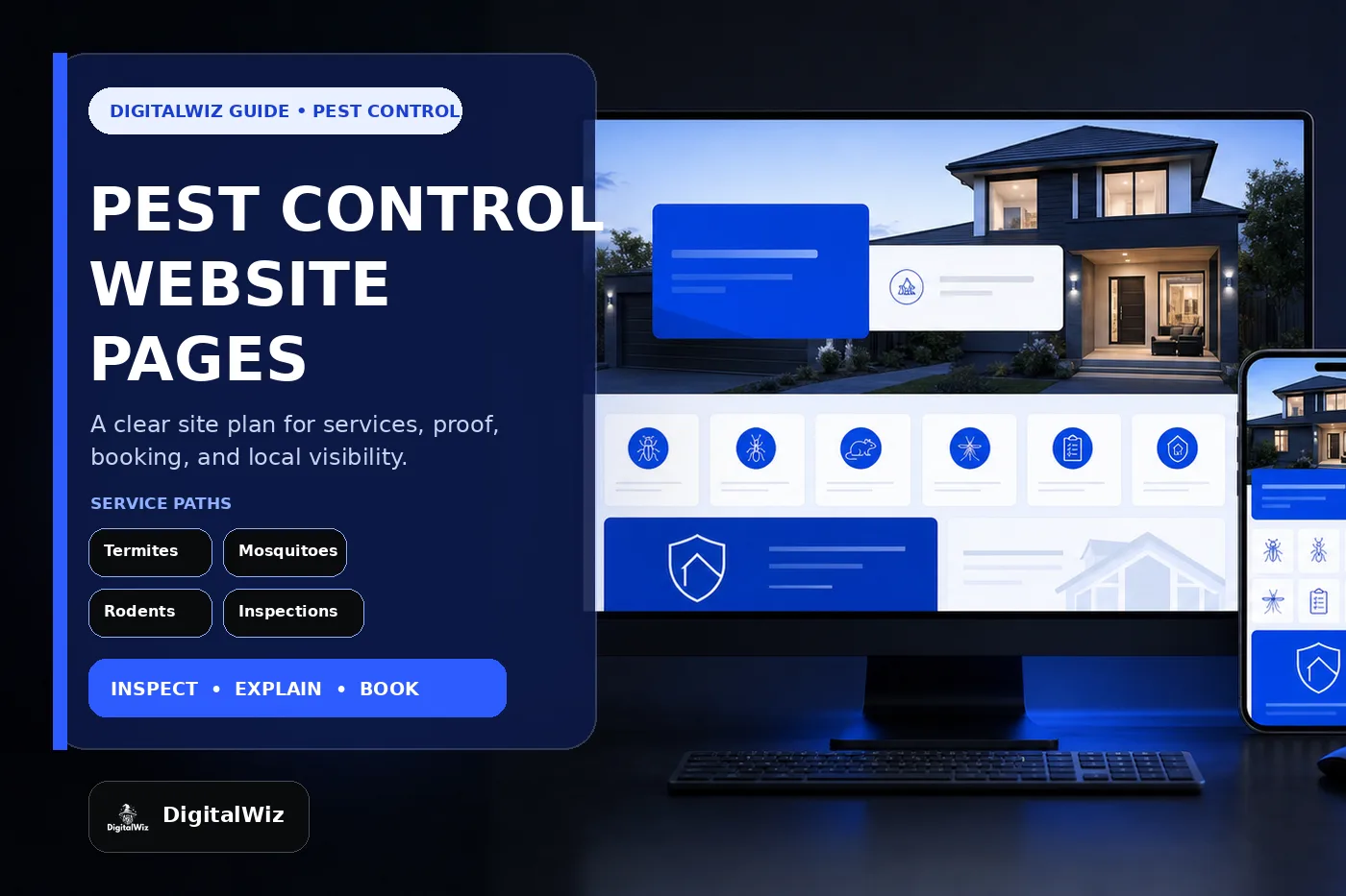 DigitalWiz guide thumbnail about pest control company website pages in a premium dark agency studio with desktop and mobile pest control website mockups, termite mosquito rodent and inspection service paths, and the official DigitalWiz watermark