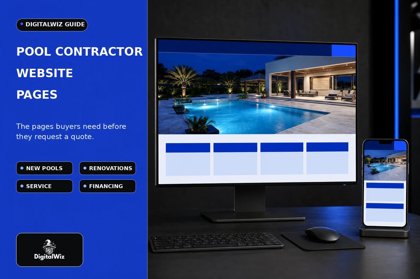 DigitalWiz guide thumbnail about pool contractor website pages in a premium dark agency studio with desktop and mobile pool website mockups, new pool renovation service and financing paths, and the official DigitalWiz watermark