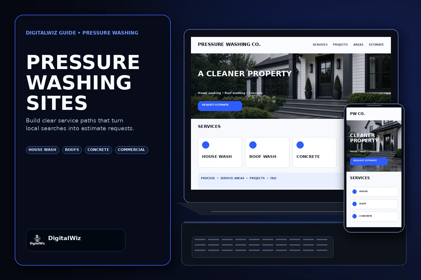 DigitalWiz guide thumbnail about pressure washing company website pages in a premium dark agency studio with desktop and mobile pressure washing website mockups for house washing roofs concrete commercial work service areas and estimates