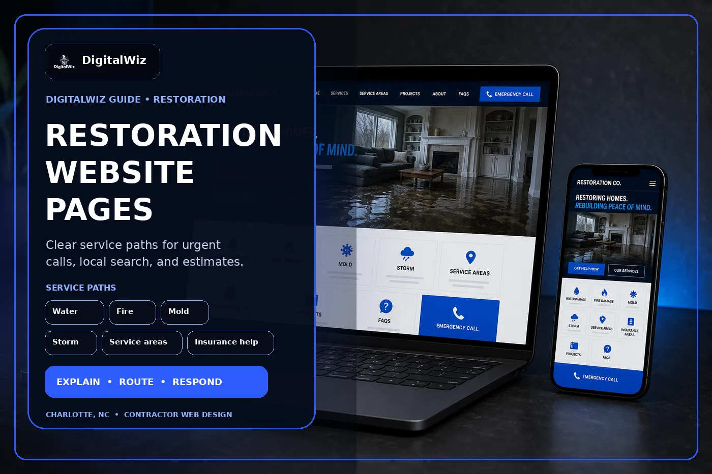 DigitalWiz guide thumbnail about restoration company website pages in a premium dark agency studio with desktop and mobile restoration website mockups for water fire mold storm service area insurance and emergency contact paths