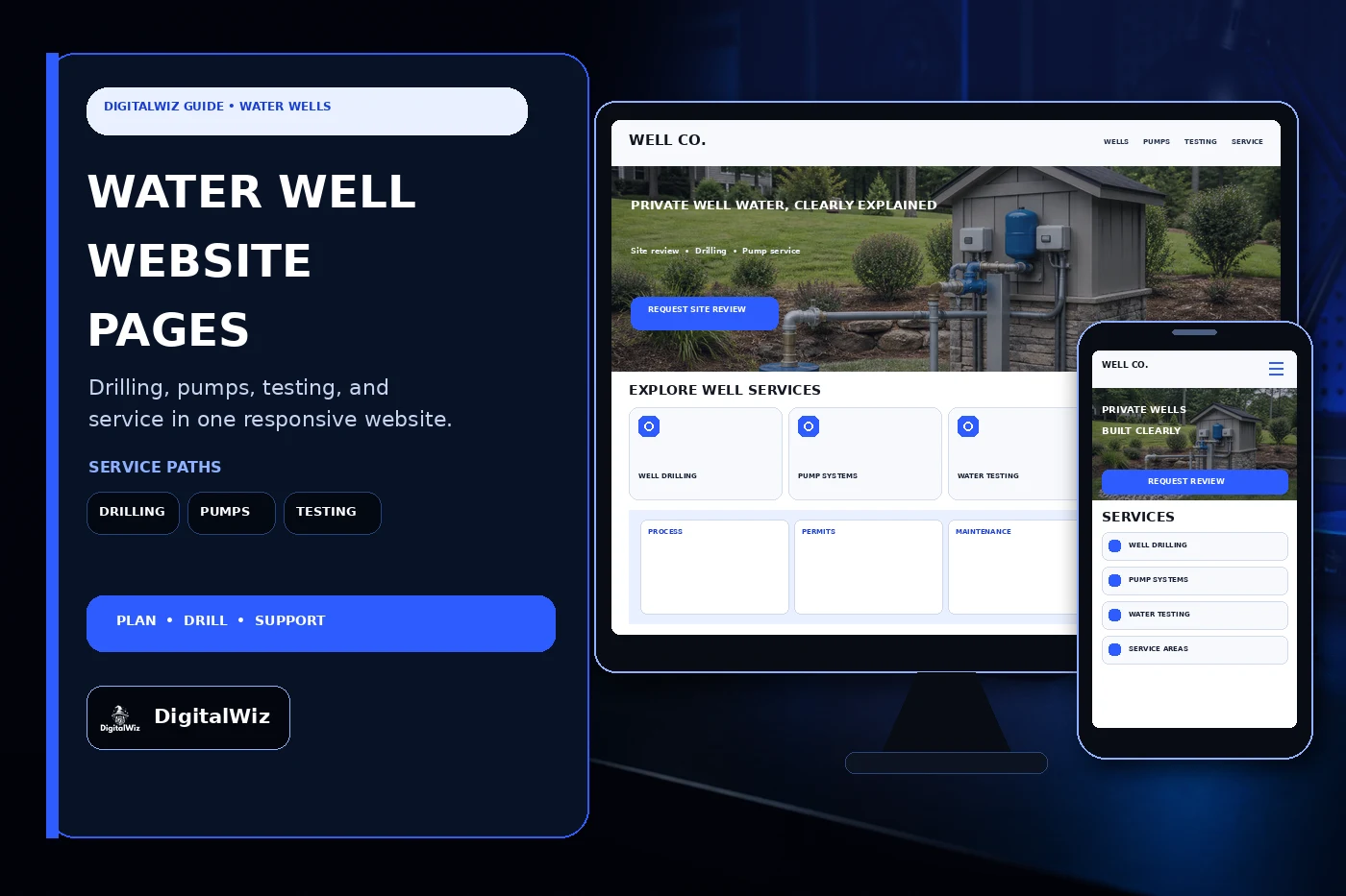 DigitalWiz guide about water well drilling company website pages with a dark outlined editorial panel and responsive desktop and phone water well contractor website mockups for drilling pumps testing maintenance service areas and estimates