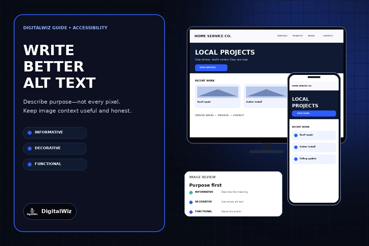 DigitalWiz alt text guide with a dark blue editorial panel, a local service website on desktop and phone, and an image review card for informative, decorative, and functional images