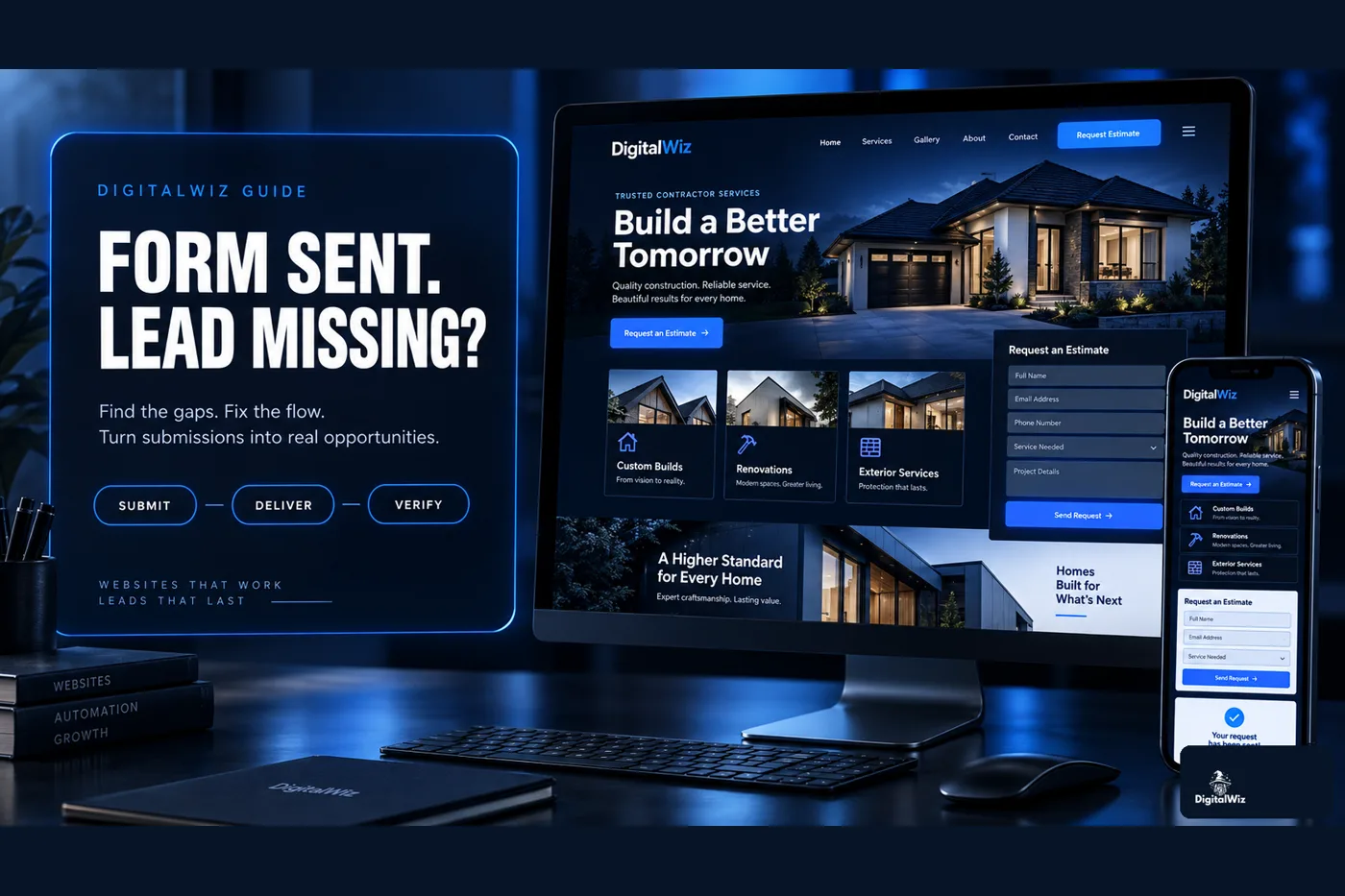 DigitalWiz form-delivery guide with a navy editorial panel and desktop and mobile contractor website demonstrations