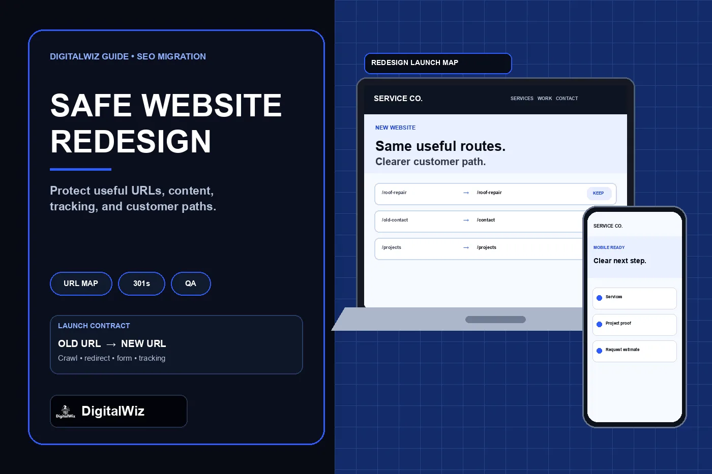 DigitalWiz website redesign guide with a dark editorial panel and desktop and mobile mockups showing an old-to-new URL migration map and launch checks