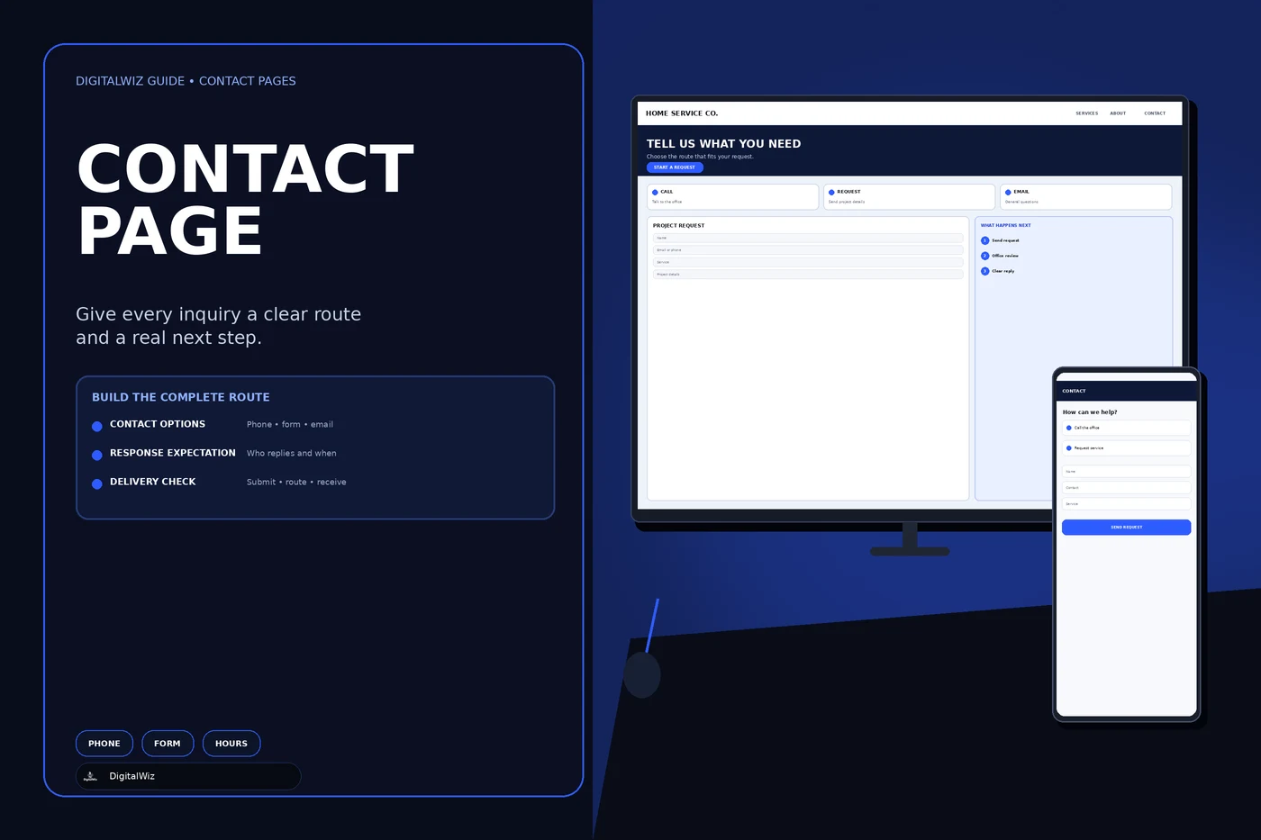 DigitalWiz contact page guide with a dark outlined editorial panel and responsive desktop and phone website mockups showing contact options, a project request form, response expectations, and delivery steps