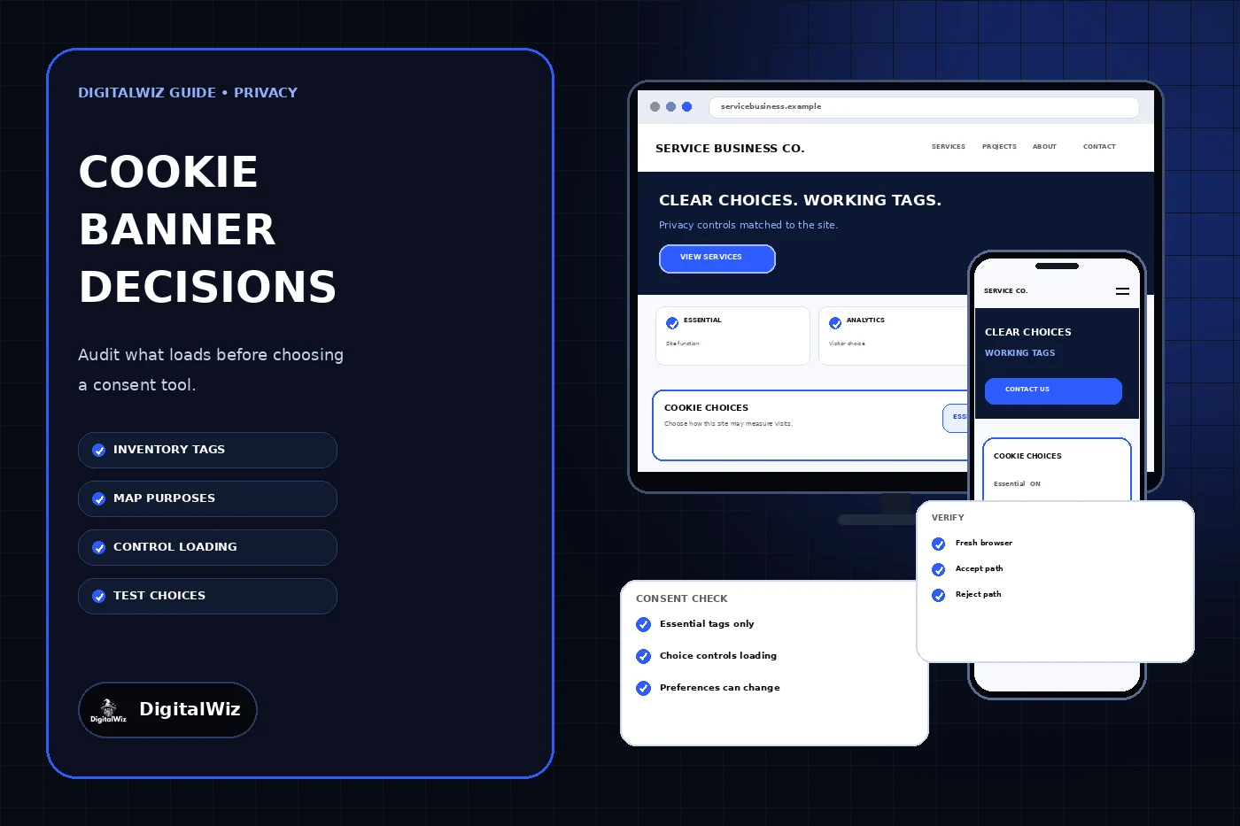 DigitalWiz cookie banner guide with a dark outlined editorial panel and responsive desktop and phone website mockups showing essential, analytics, and advertising choices