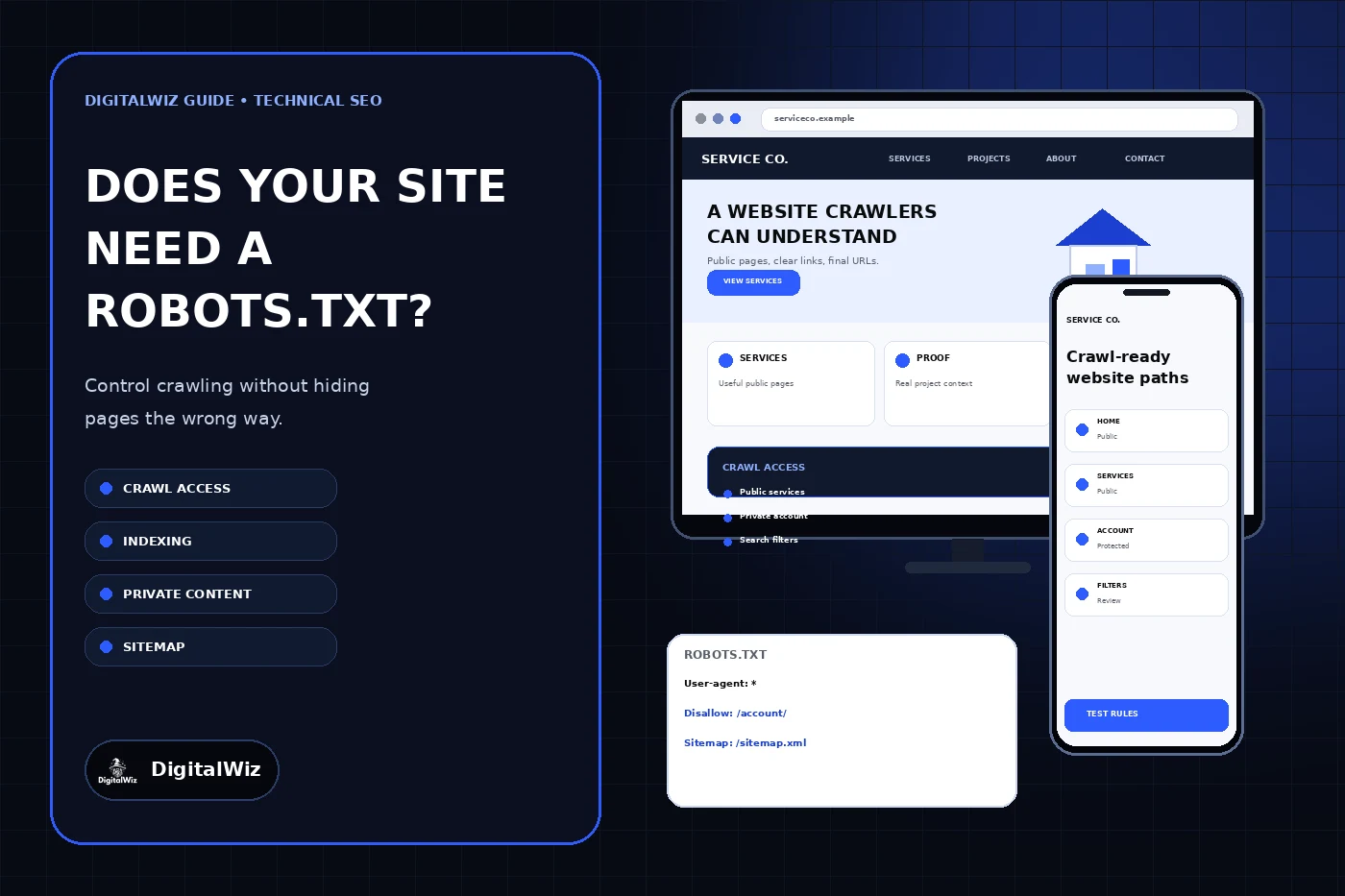 DigitalWiz robots.txt guide with a dark blue editorial panel, responsive service-business website mockups on desktop and phone, and a crawl-access rules card