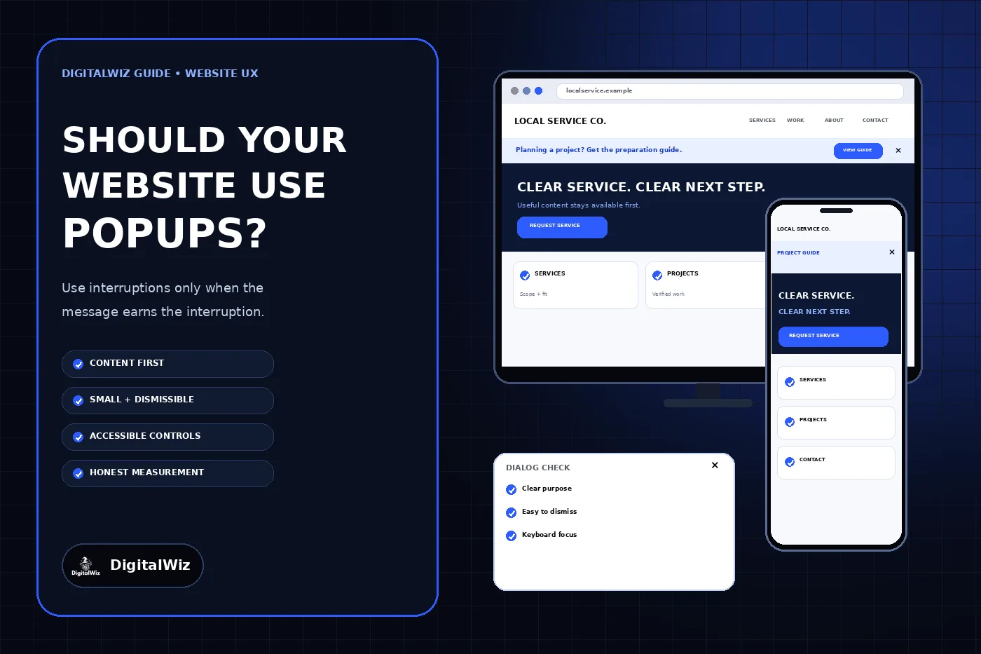 DigitalWiz website popup guide with a dark outlined editorial panel and responsive desktop and phone website mockups showing a small dismissible banner, clear content, and an accessible dialog checklist