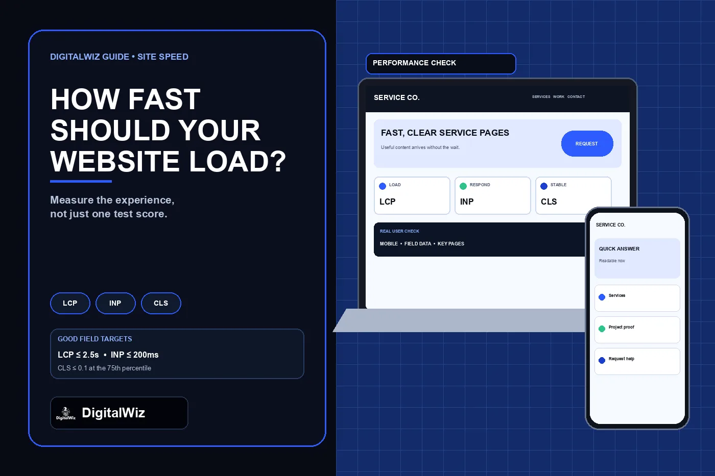 DigitalWiz small business website speed guide with a dark editorial panel and responsive desktop and phone service website mockups showing loading, responsiveness, and visual stability checks