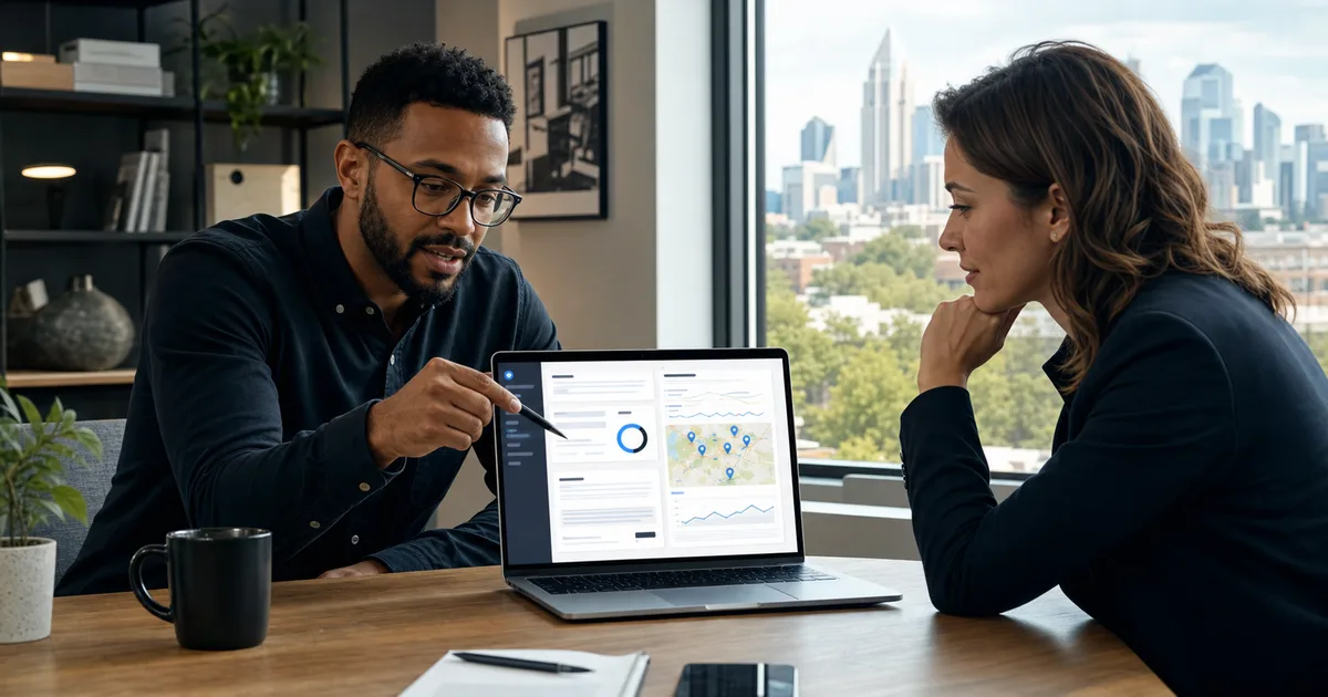 Charlotte small business owner reviewing answer engine optimization and AI search visibility on a laptop