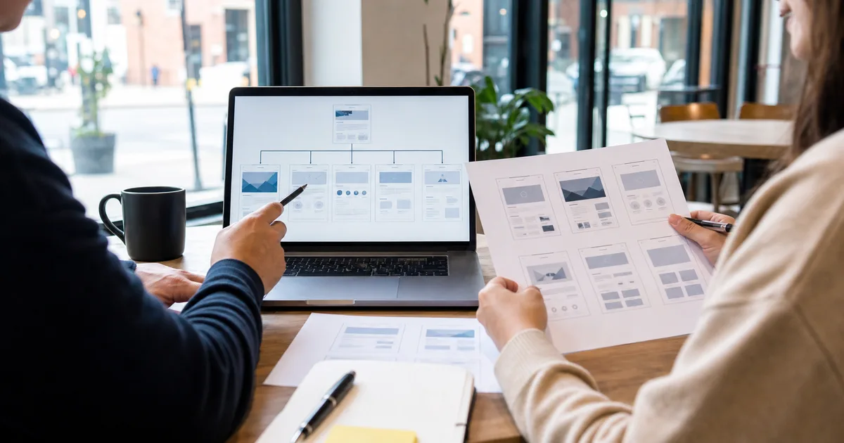 Charlotte small business owner and web strategist planning essential website pages on a laptop
